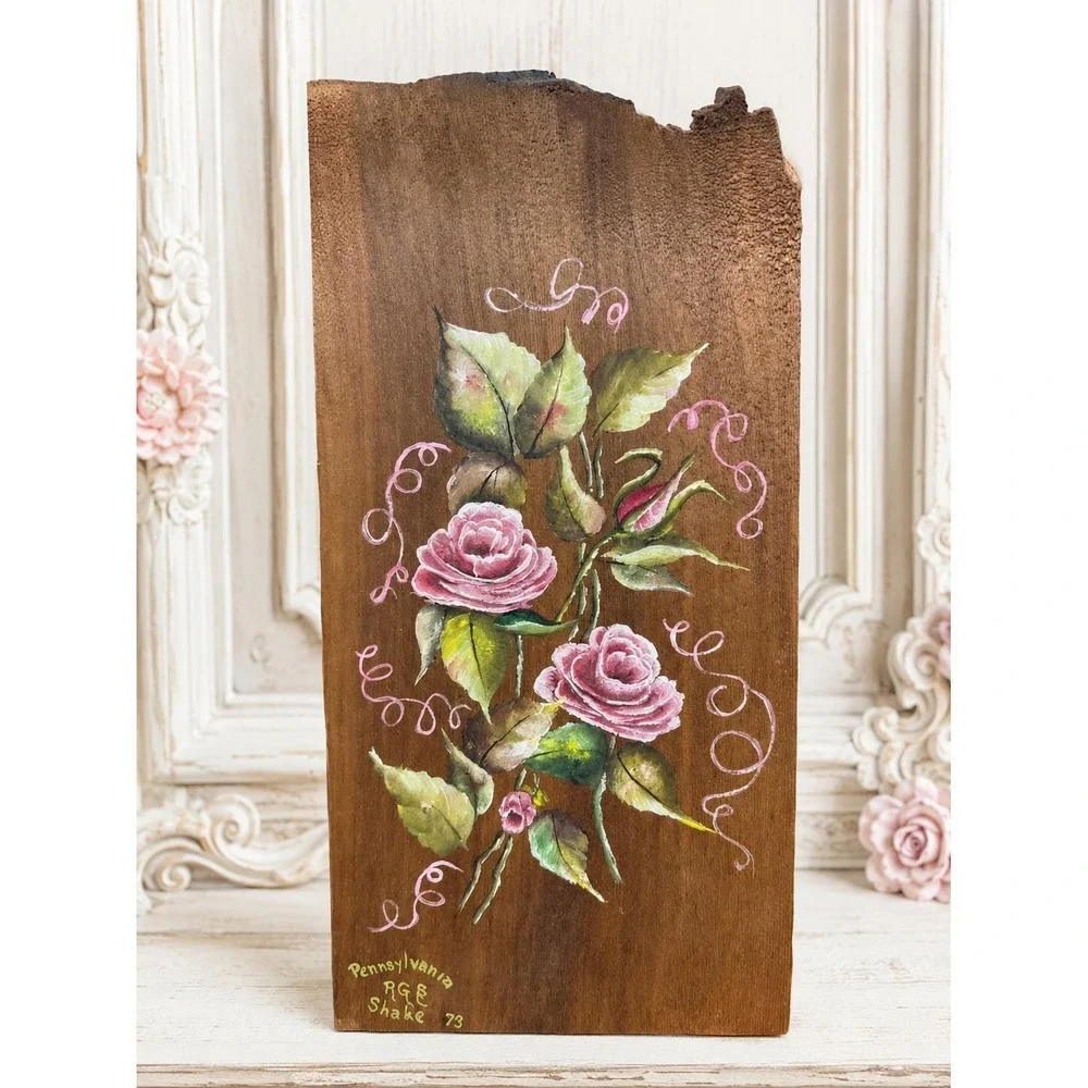 Vintage Wood Hand Painted Plaque Folk Art Rose Flower Raw Edges 1979 Signed